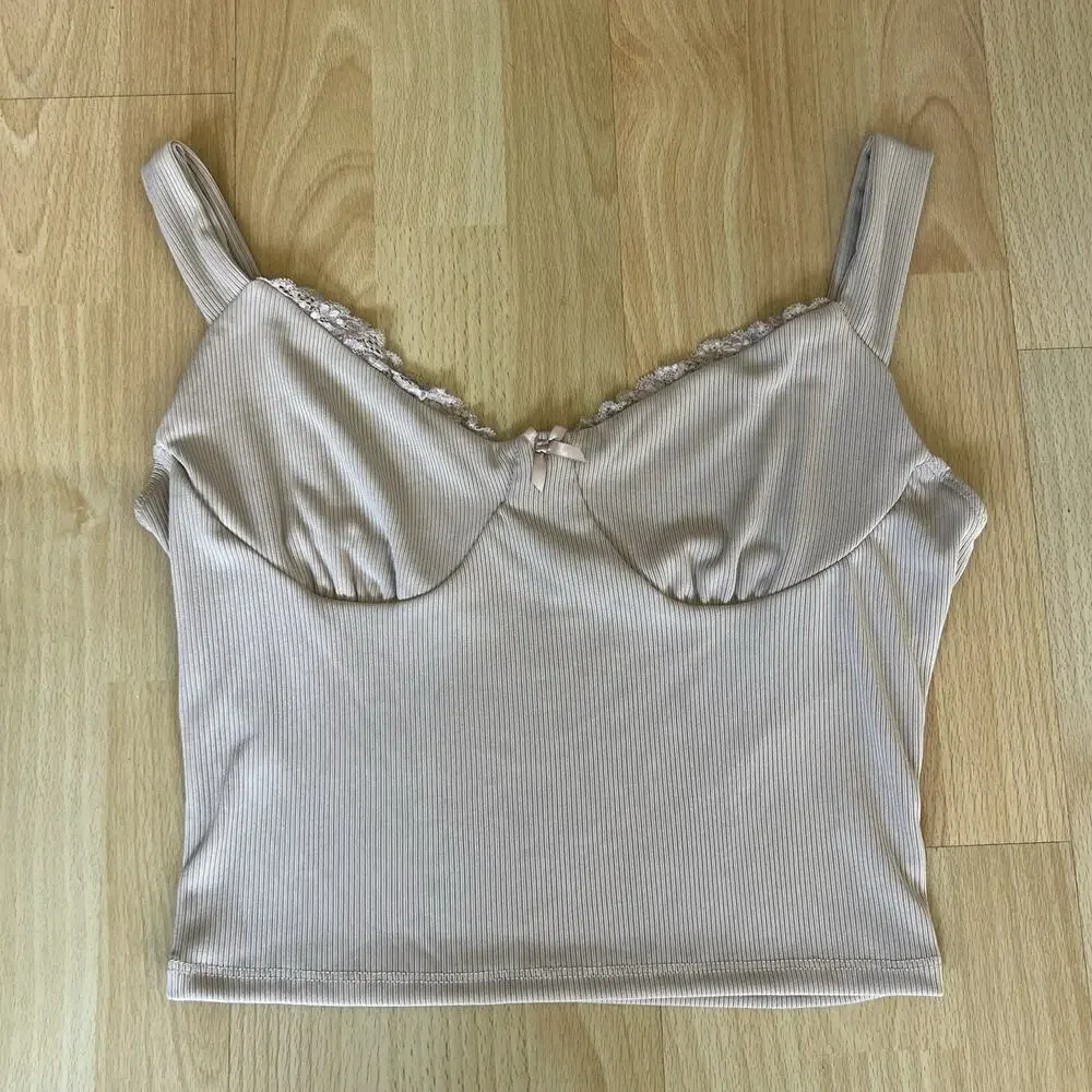 Y2K Beige Ribbed Bustier Crop Lace Trim Y2K Fairy Core Size Women Large - Picture 2 of 6